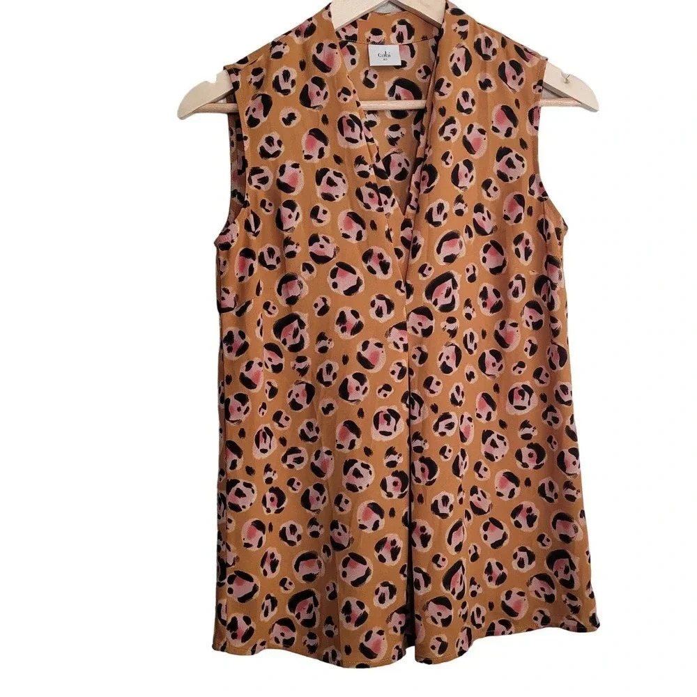 Cabi Women's Prowl Sunset Leopard V-neck Sleeveless Blouse Size XS Orange 3792